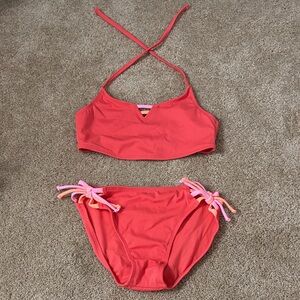 Girls' Coral Ribbed Two-Piece Swim Set with Pink Tie Accents
